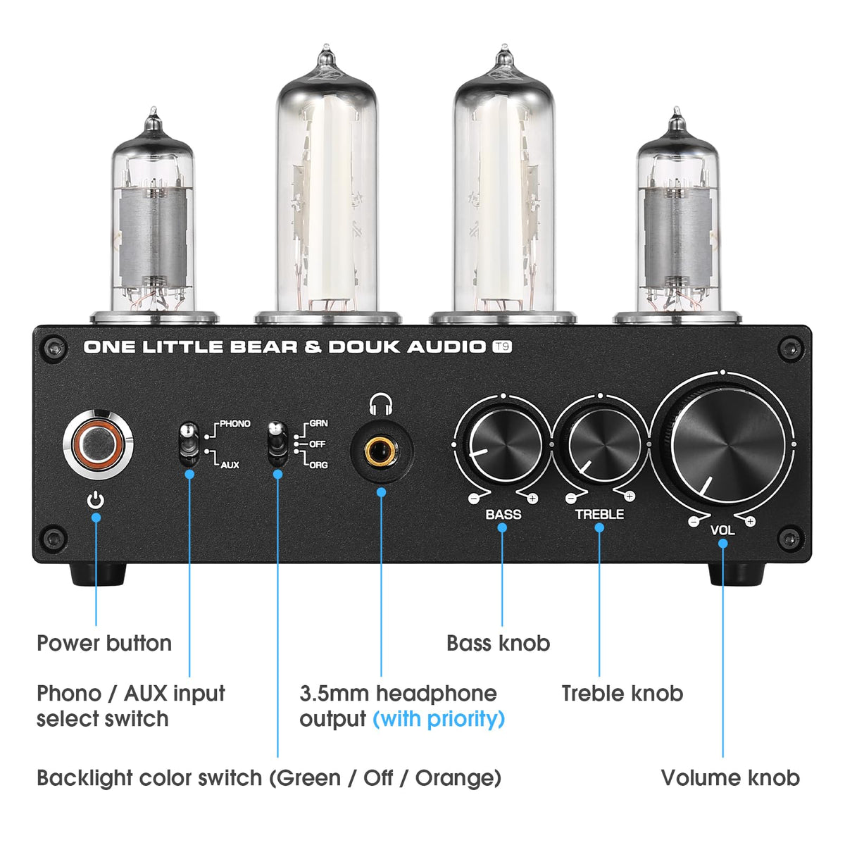 3.5mm headphone output with independent amplification for headphones.