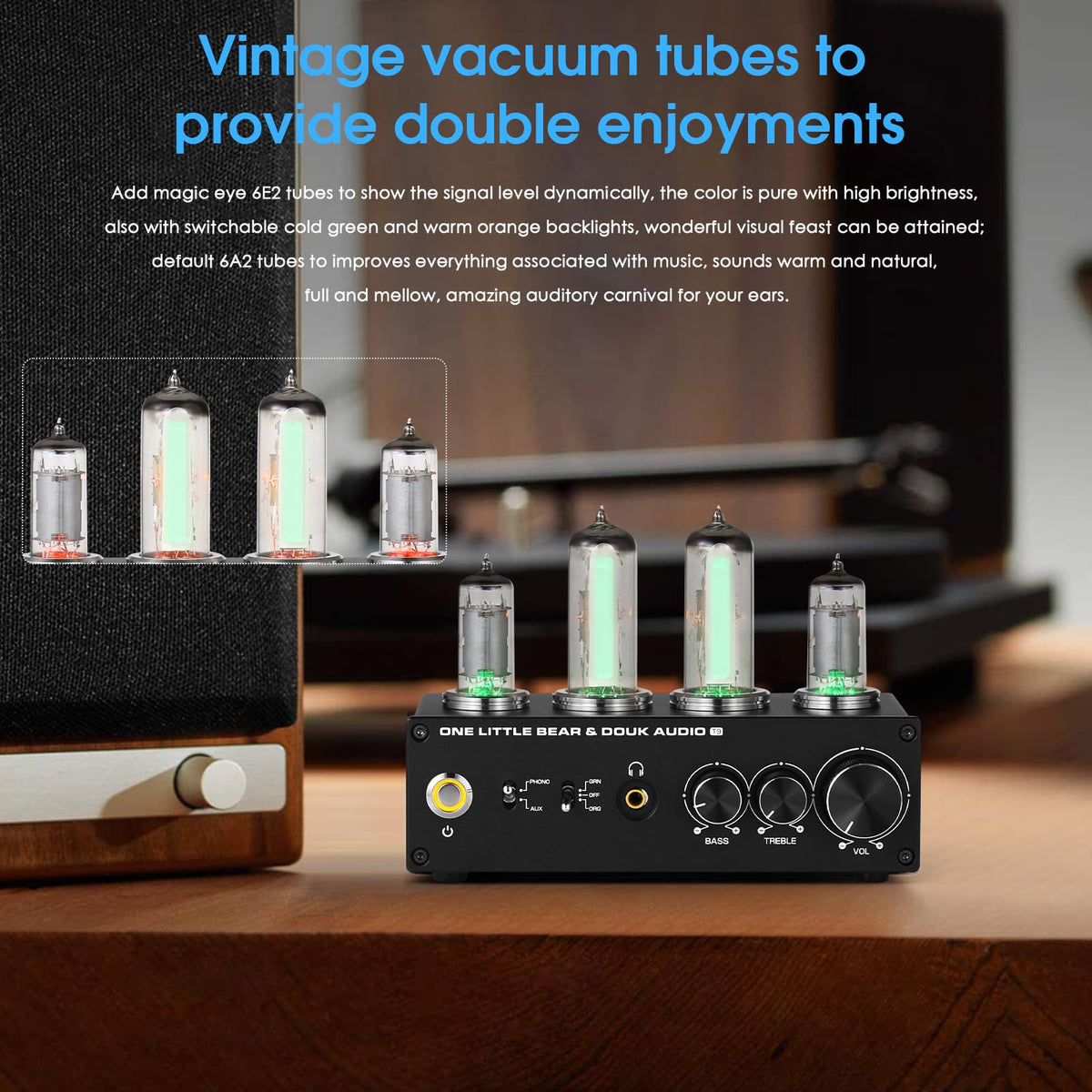 Dual vacuum tubes glow on Douk Audio T9, adding vintage warmth.