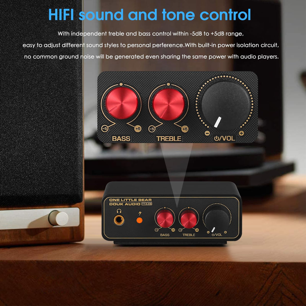 Douk Audio tone knobs closeup offering treble and bass control for tailored audio