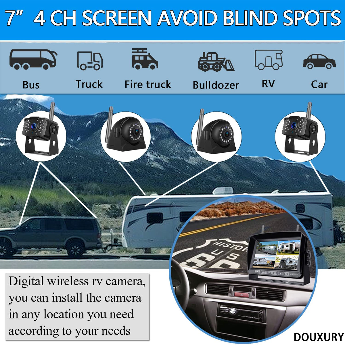 DOUXURY 7-inch DVR monitor displaying full-screen video feed for clear viewing