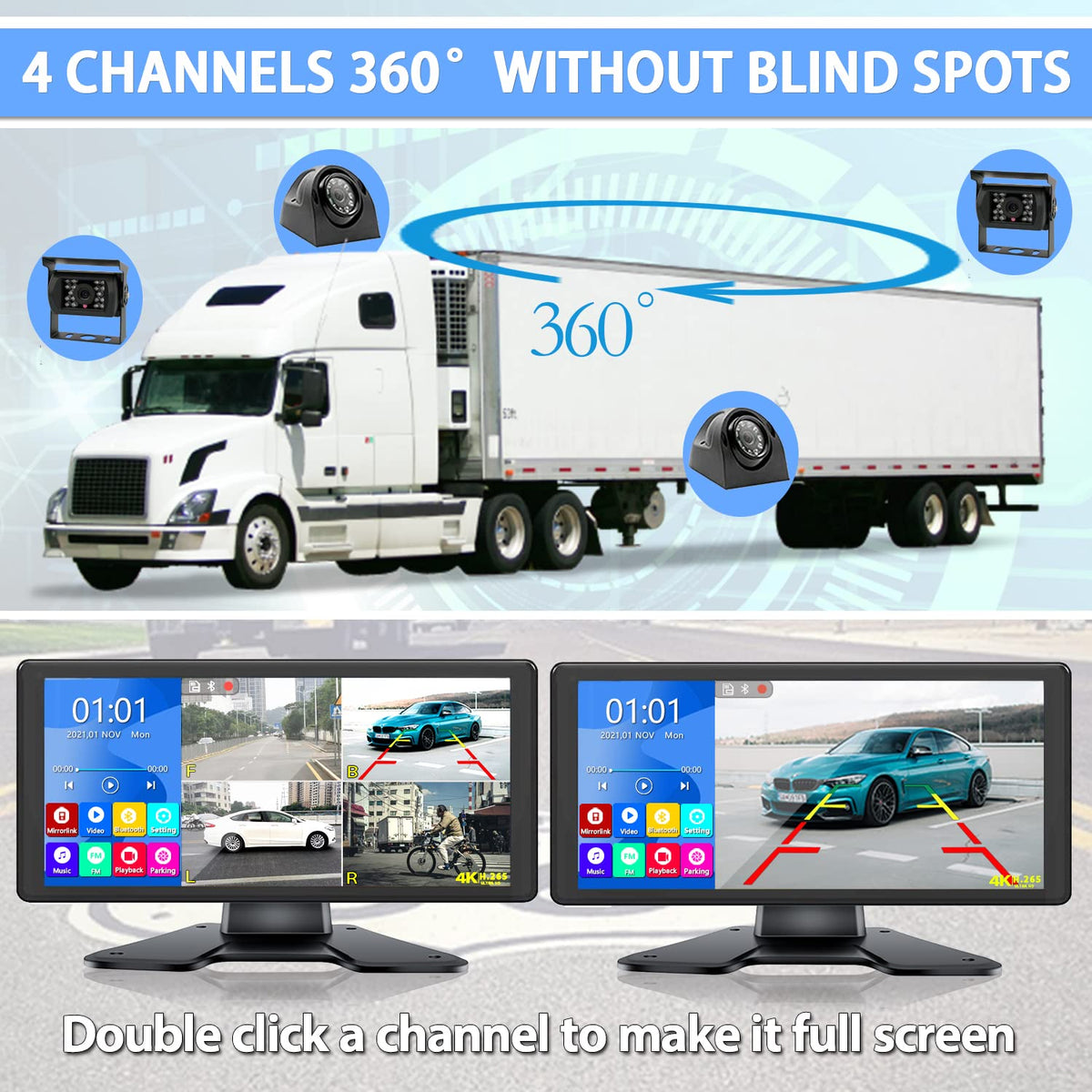 DOUXURY four 1080P cameras capture wide views to reduce blind spots