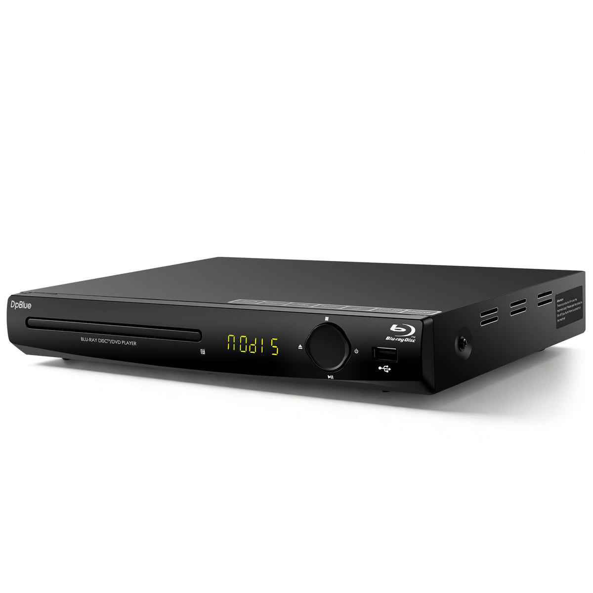 DpBlue blu-ray player front view for easy living-room setup.