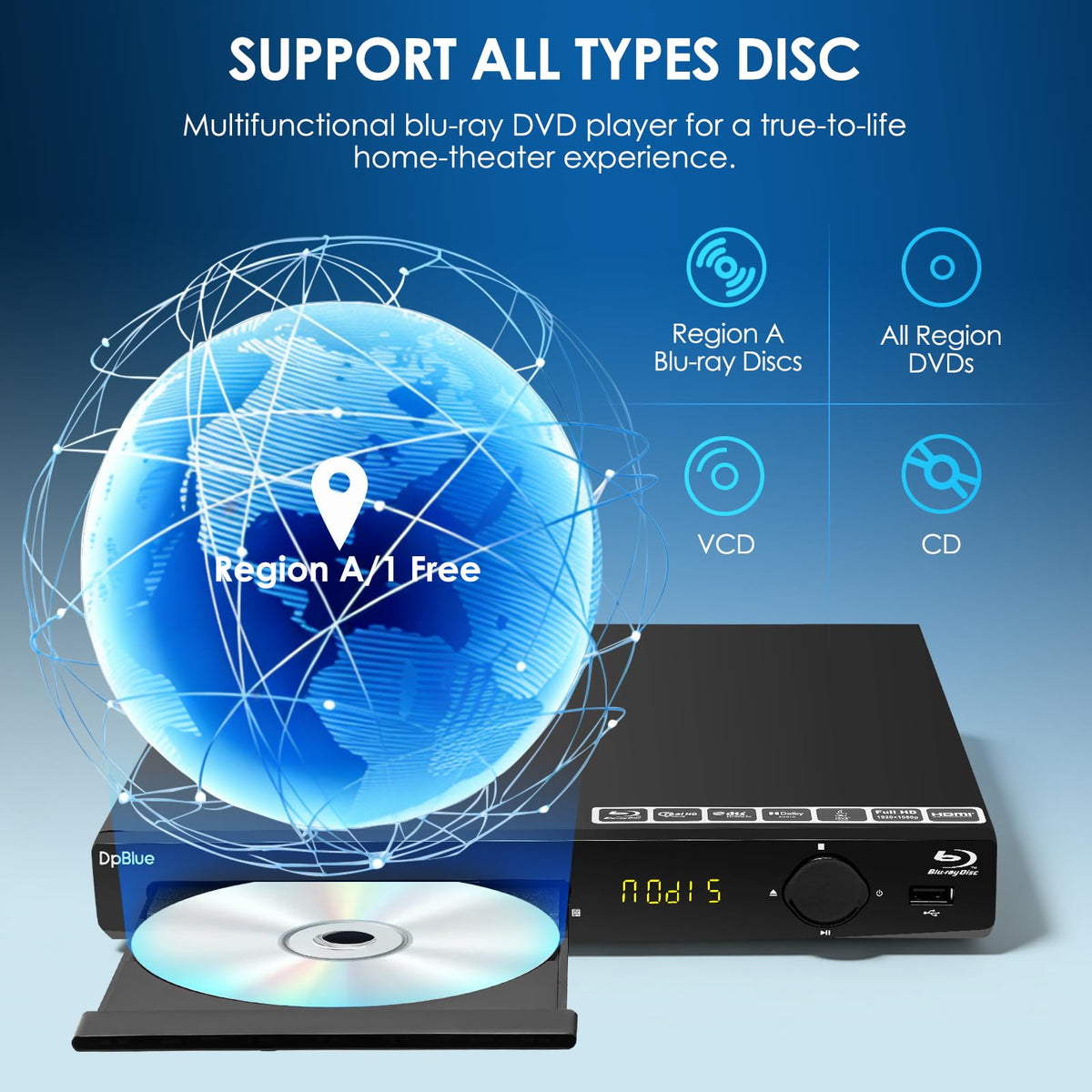 DpBlue blu-ray player region A compatibility broadens disc access.