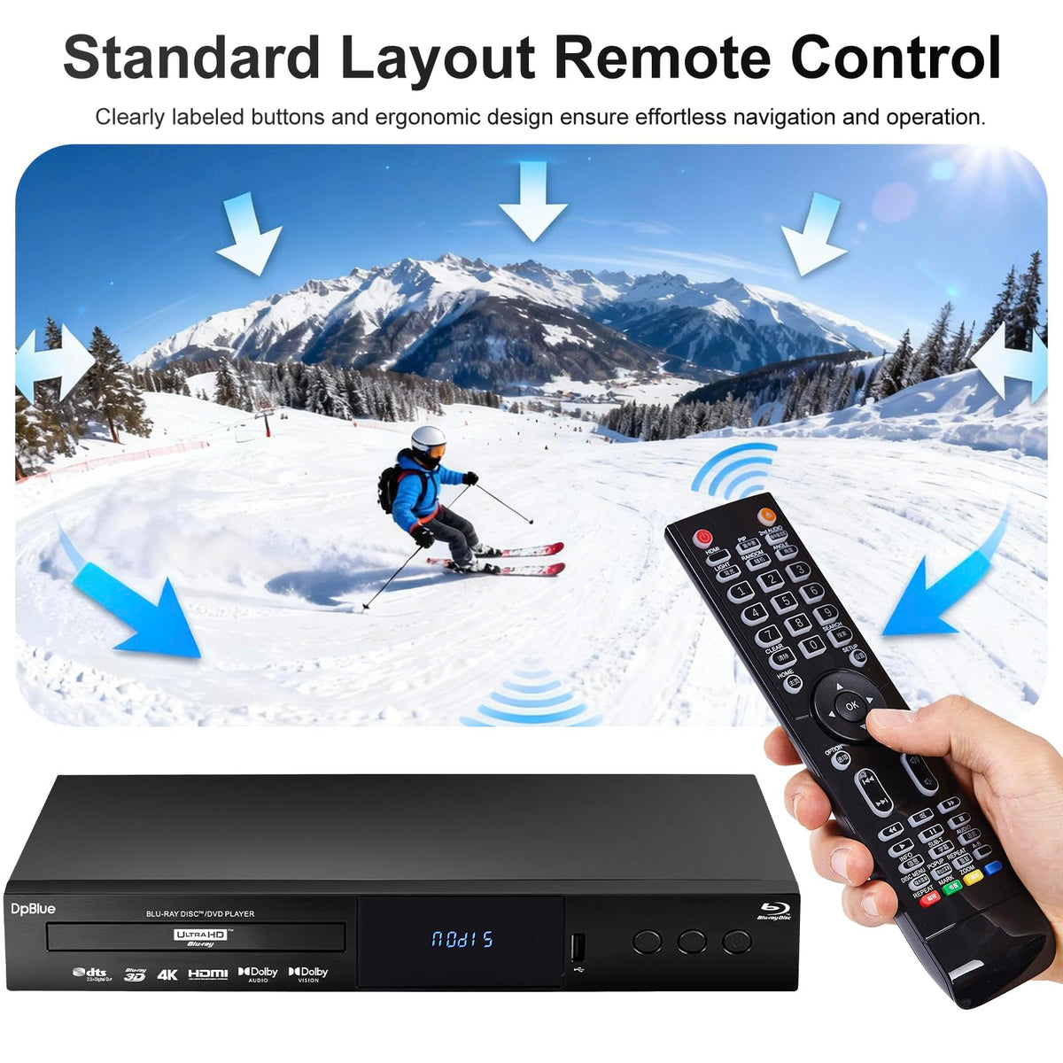 DpBlue supports Blu-ray, Blu-ray 3D, DVDs and CDs.
