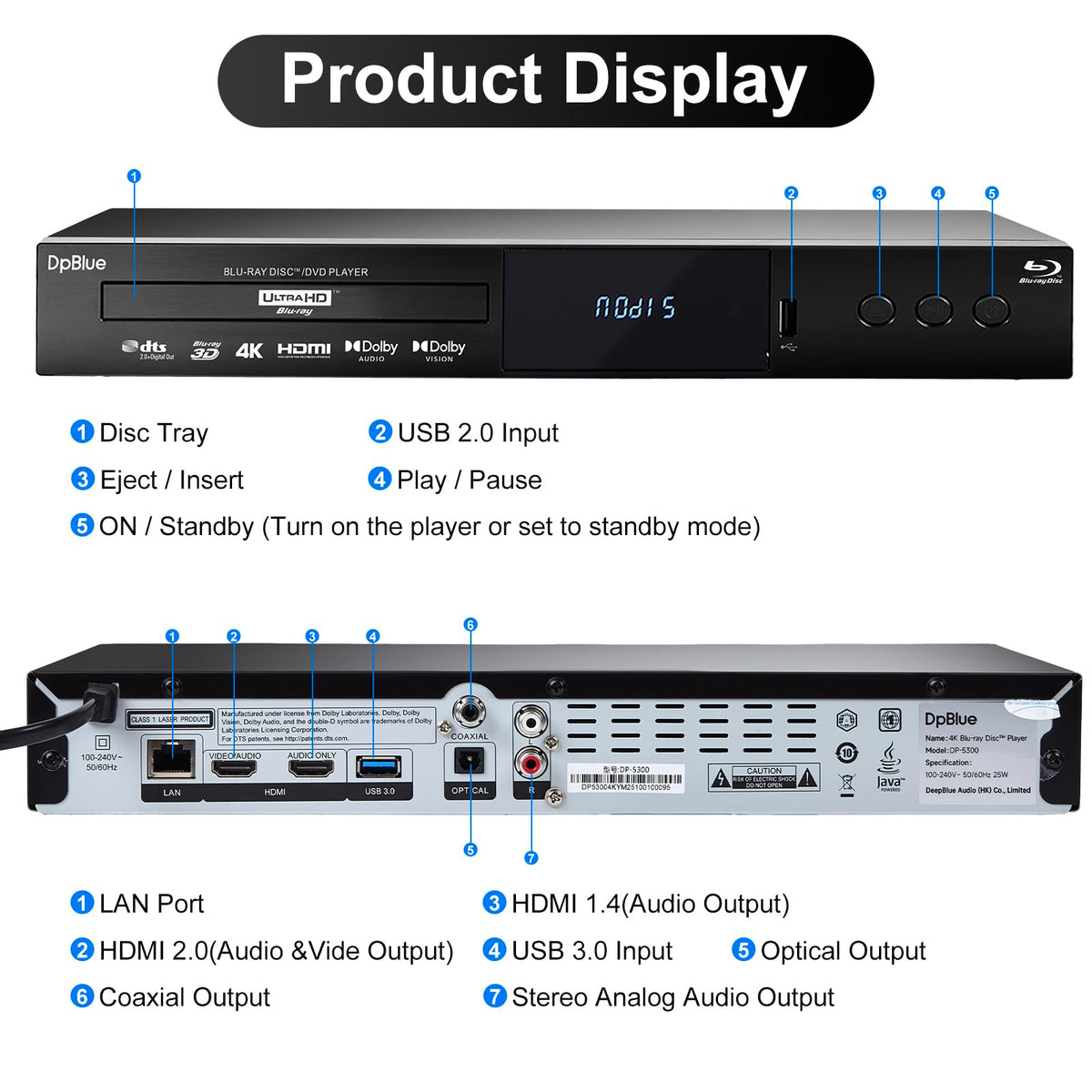 DpBlue HDR10 and Dolby Vision capable device delivering vibrant color and deep contrast.