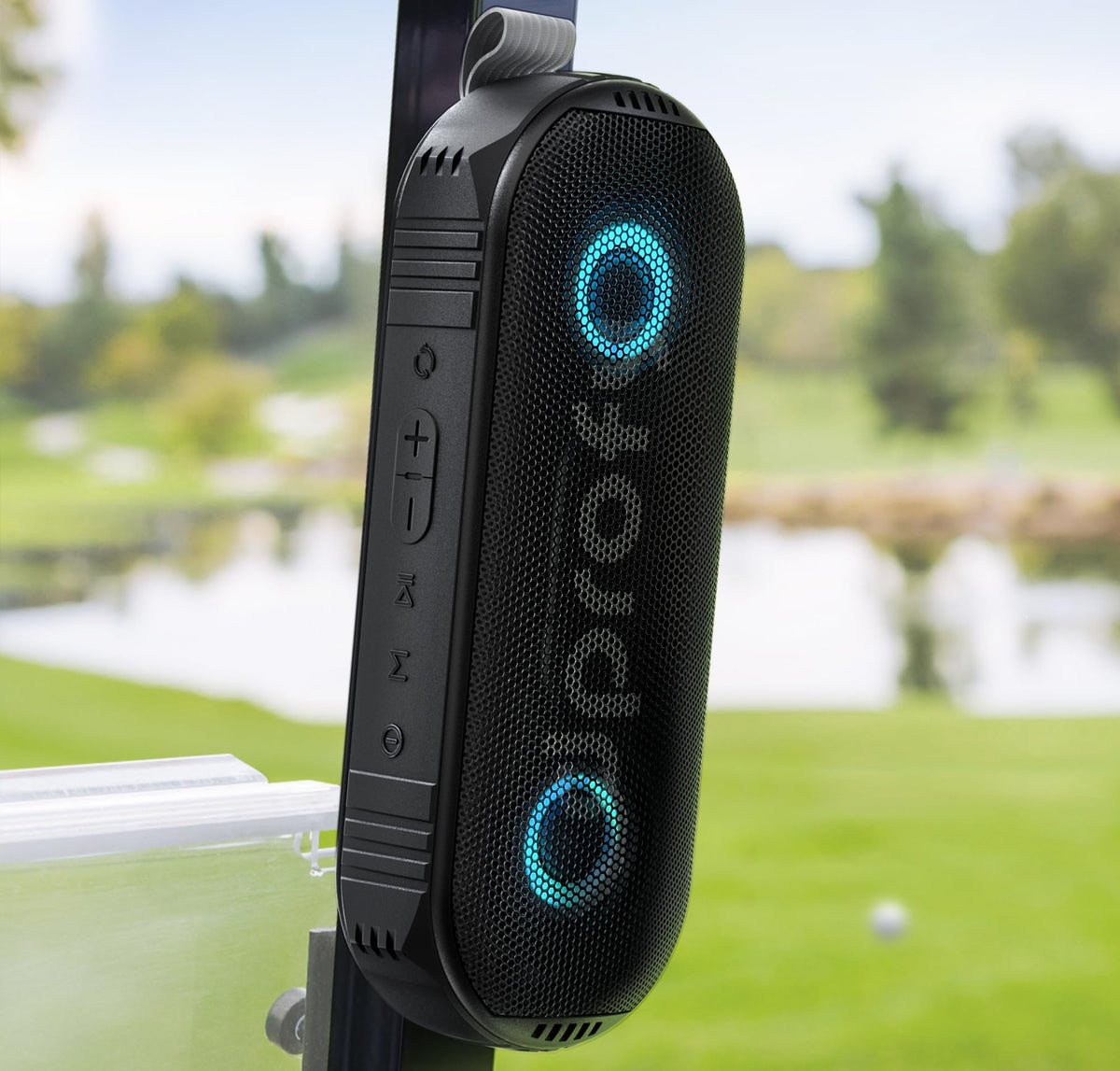Dprofy New Play 2 rounds magnetic Bluetooth golf speaker mounted securely on a cart frame