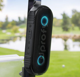 Dprofy New Play 2 rounds magnetic Bluetooth golf speaker mounted securely on a cart frame
