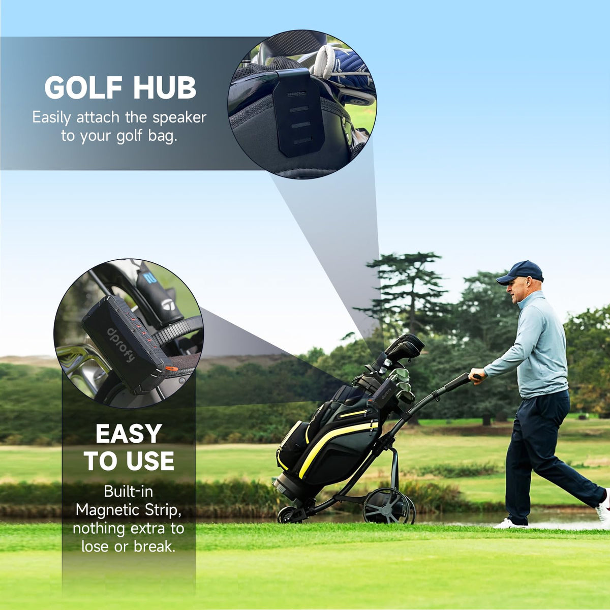 Dprofy Pro speaker with hanging hook ready to attach to a bag