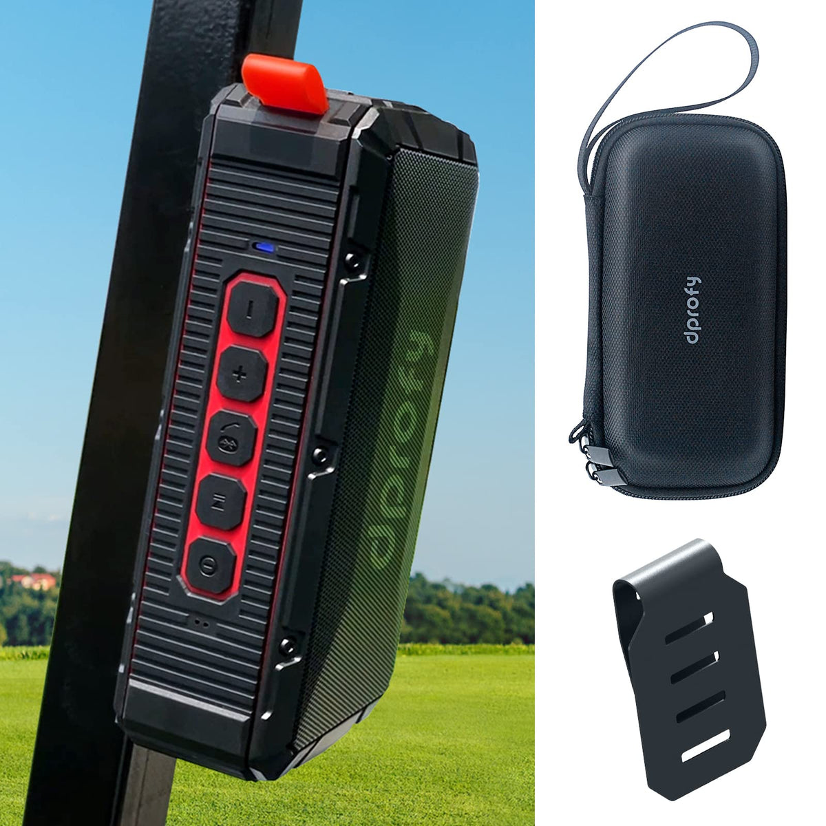 Dprofy Pro speaker magnetically attached to golf cart for hands-free music