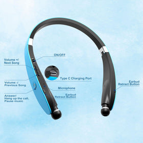 Dpvisn headphones folded inside included carrying case highlighting travel protection benefit