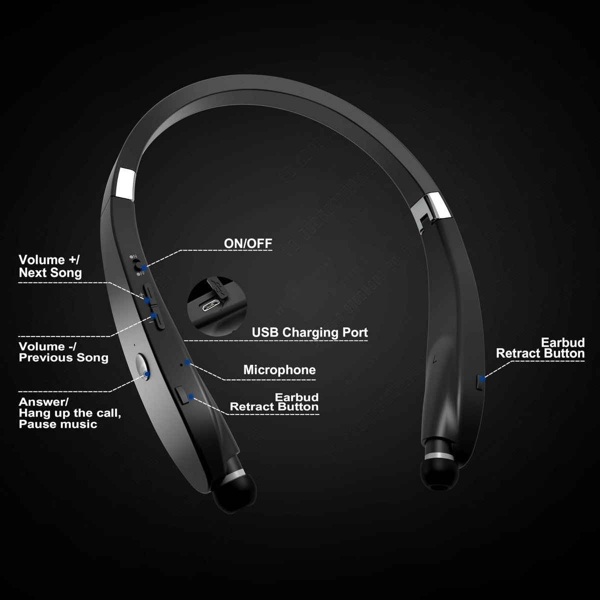Dpvisn headphones folded compactly inside included carrying case for easy, protected transport