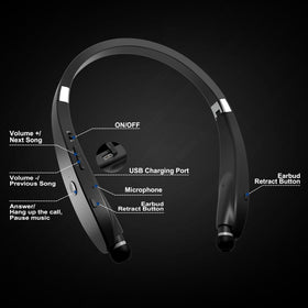 Dpvisn headphones folded compactly inside included carrying case for easy, protected transport
