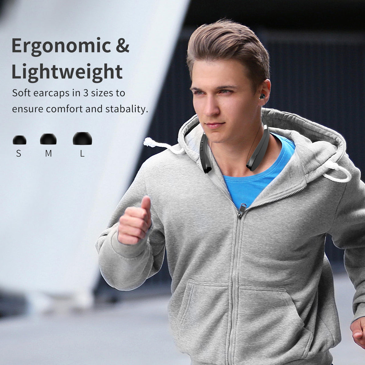 Dpvisn headphones worn during running workout to show sweatproof build and stable fit