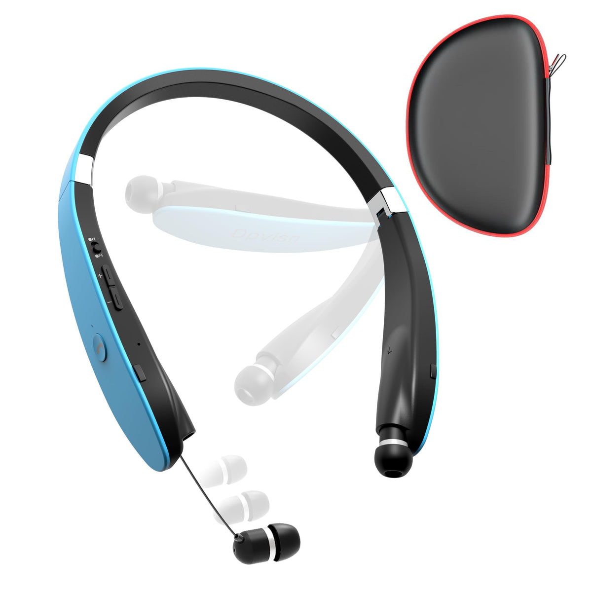 Dpvisn neckband front view showing foldable collar and retractable earbuds for easy storage