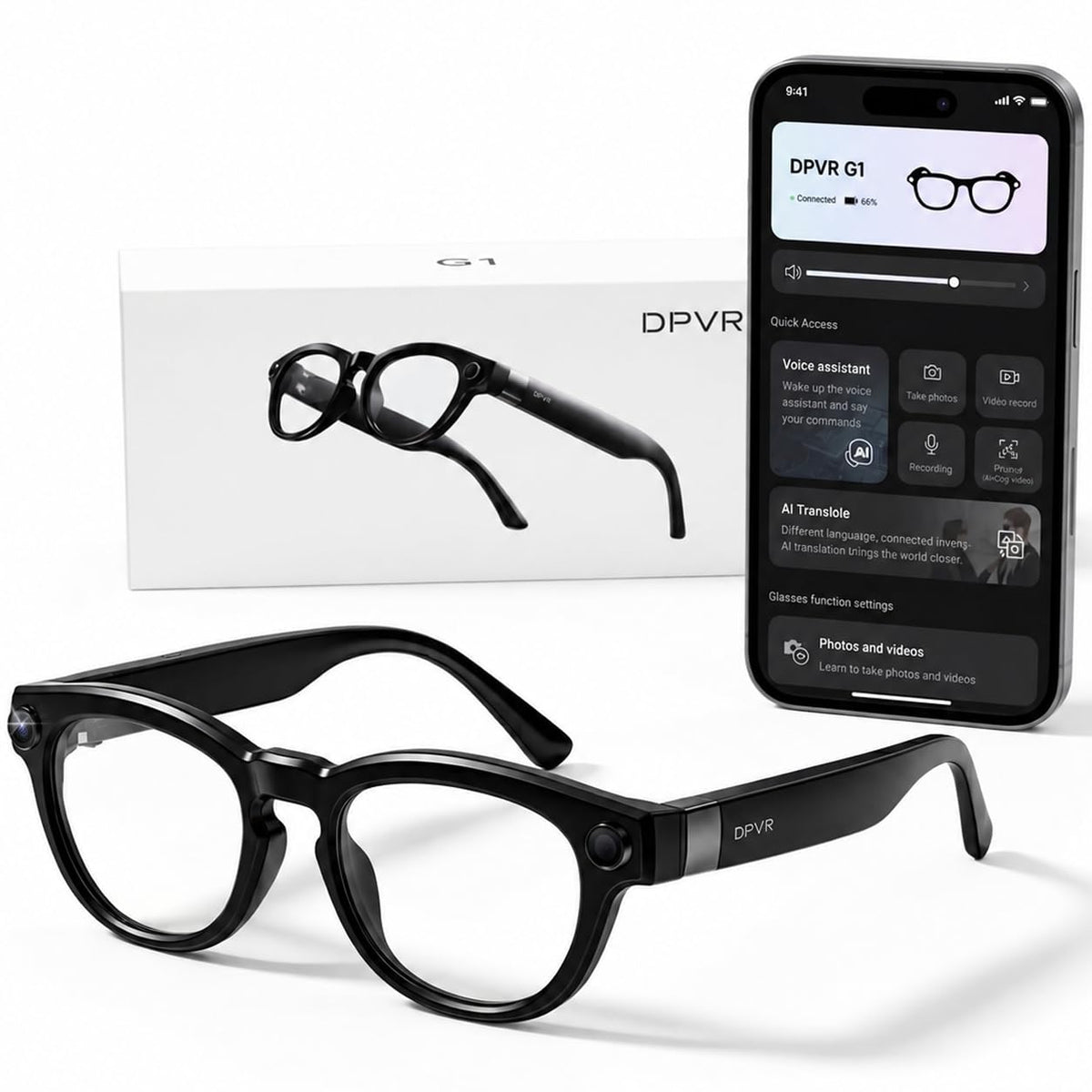 DPVR G1 camera glasses capture crisp first-person photos and videos with 8MP image quality.