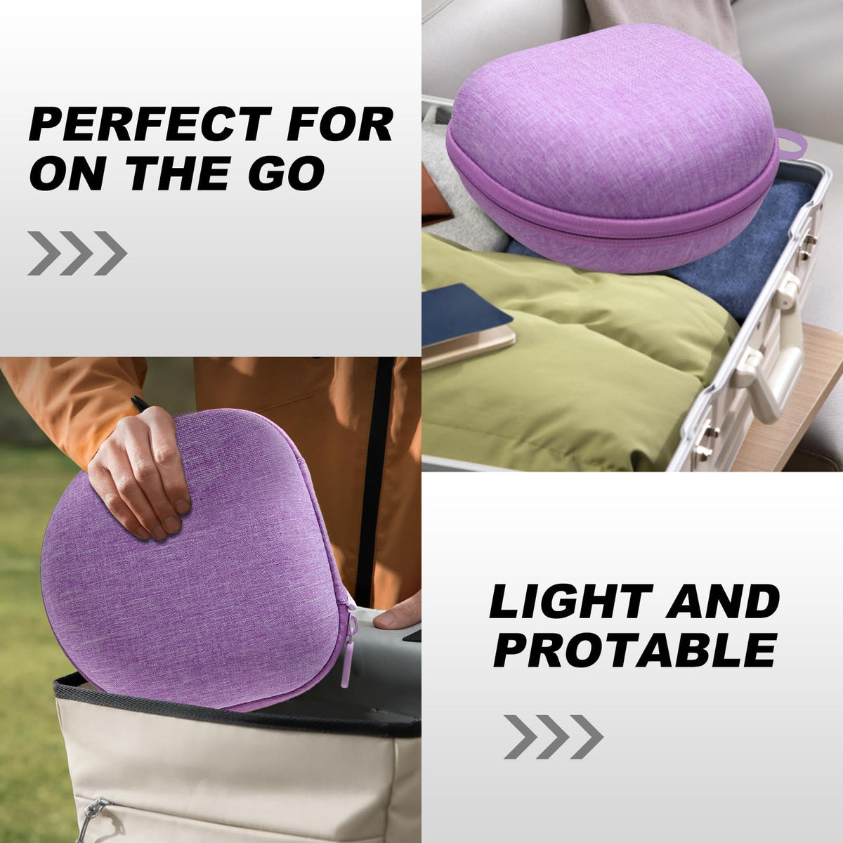 DR·AMIU purple case storing folded headphones and cable for protection