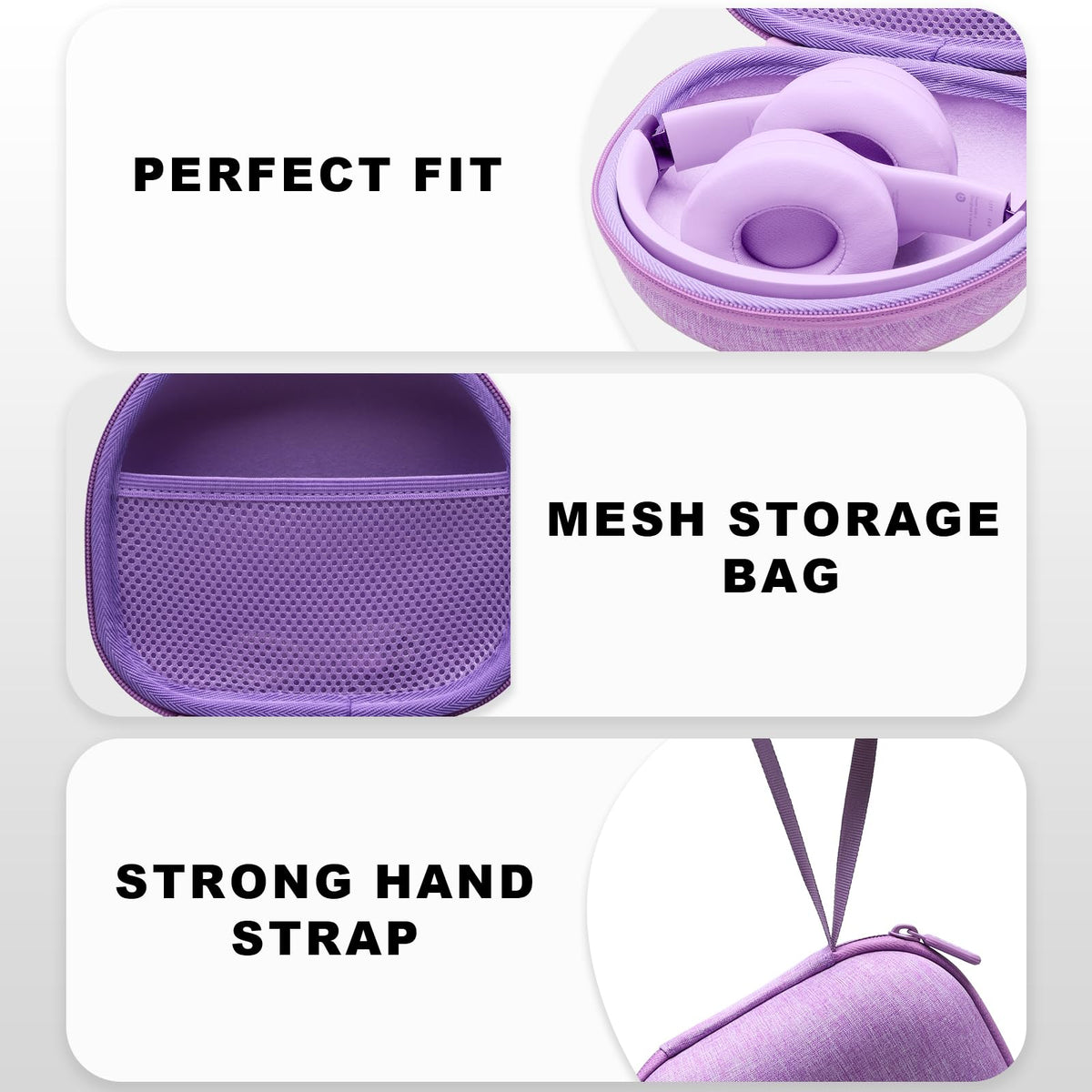 DR·AMIU purple case next to folded headphones demonstrating size fit