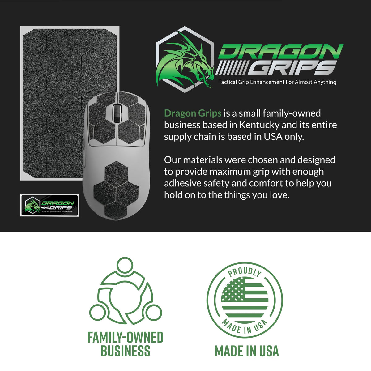 Dragon Grips hex grip tape pack shows 25 hexes, 6 halves, 6 triangles.