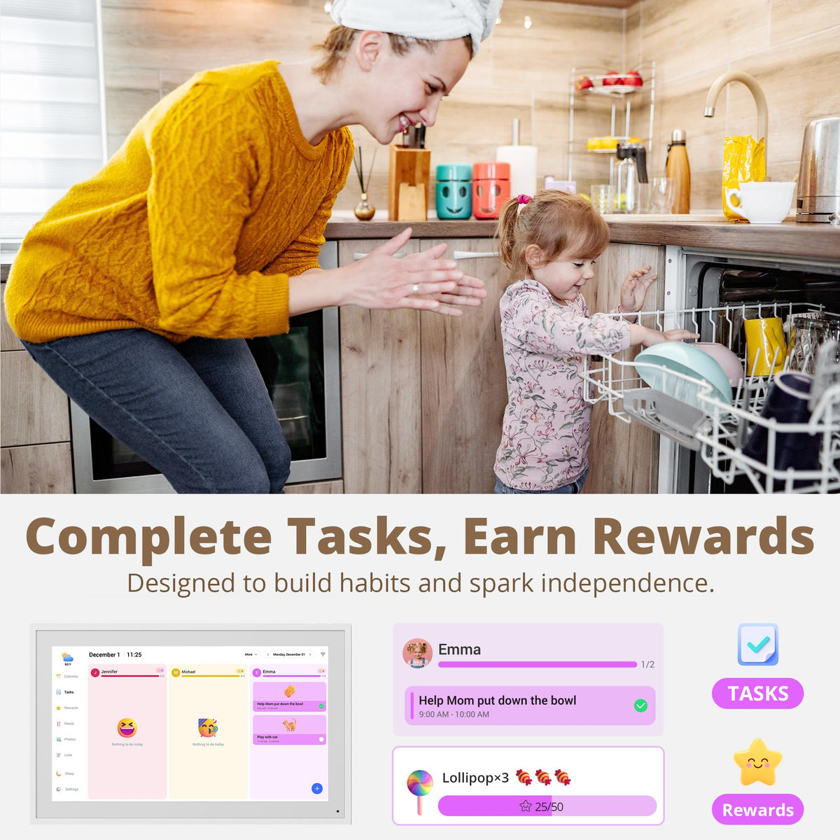Dragon Touch interactive chores chart and dinner planner in use