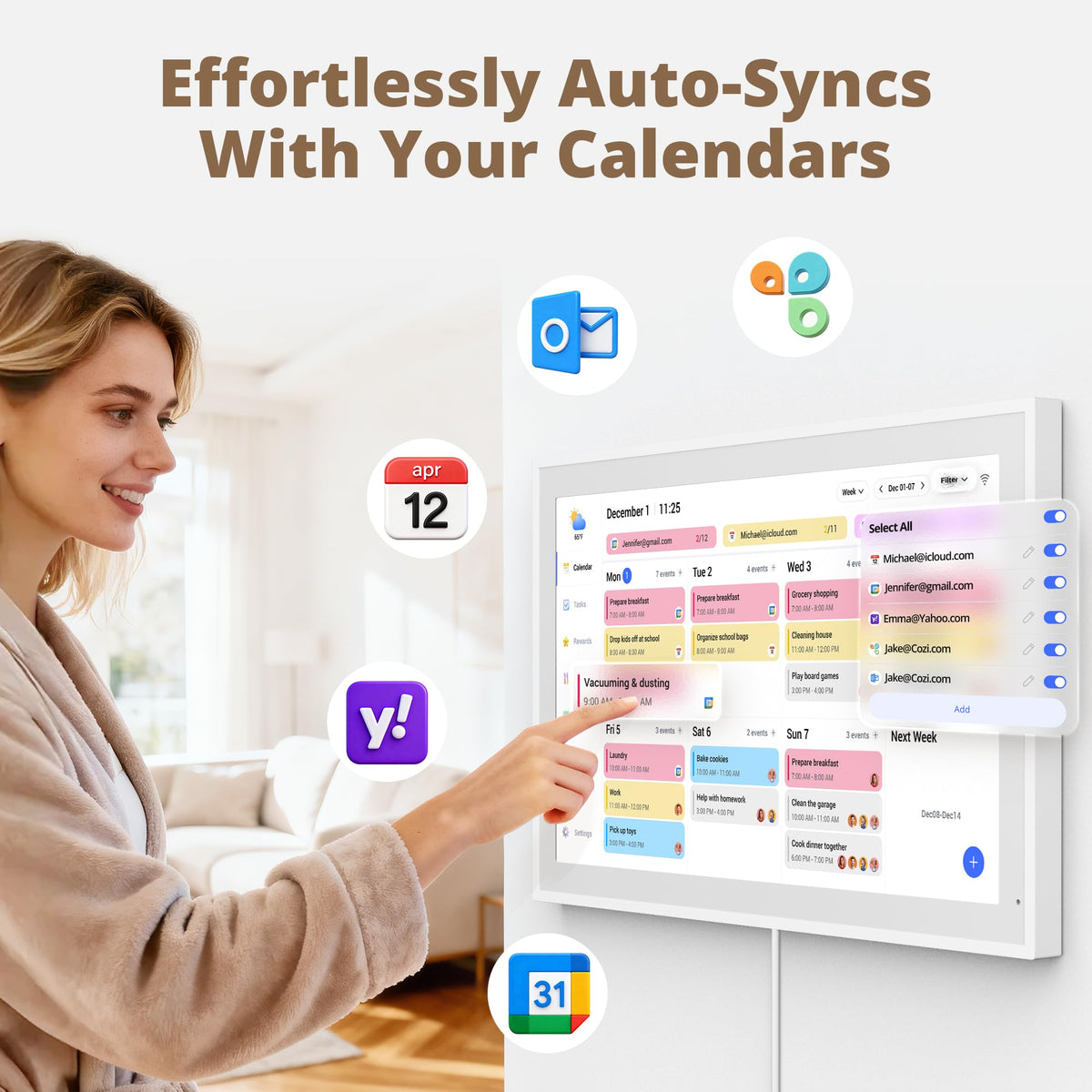 Dragon Touch calendar with color-coded assignments for each family member