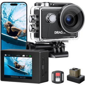 Dragon Touch Vision 3 front view showing camera body and screen, ideal for easy framing