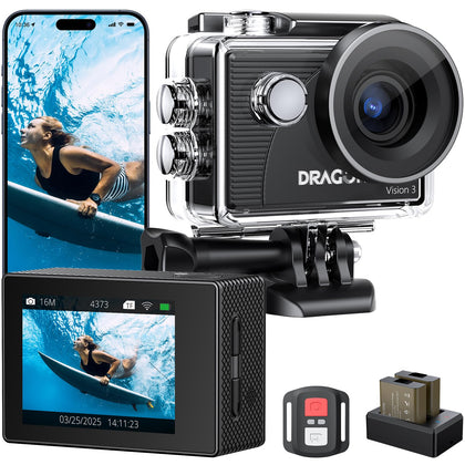 Dragon Touch Vision 3 front view showing camera body and screen, ideal for easy framing
