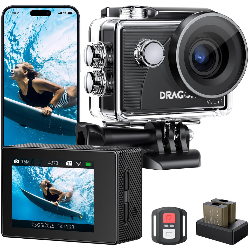 Dragon Touch Vision 3 front view showing camera body and screen, ideal for easy framing
