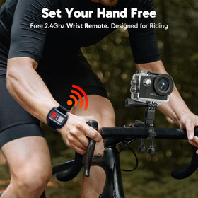 Dragon Touch Vision 3 wrist remote in use enabling hands-free recording convenience