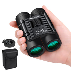 Dranbol 12x25 binoculars front view shows compact pocket-friendly design for travel
