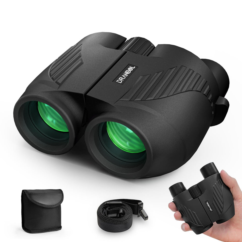 Dranbol front packaging view showing compact binoculars and included pouch