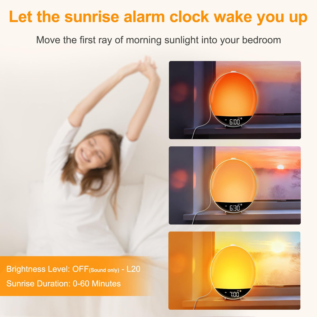DreamSky alarm clock sunrise light illustrating a gentle wake‑up.