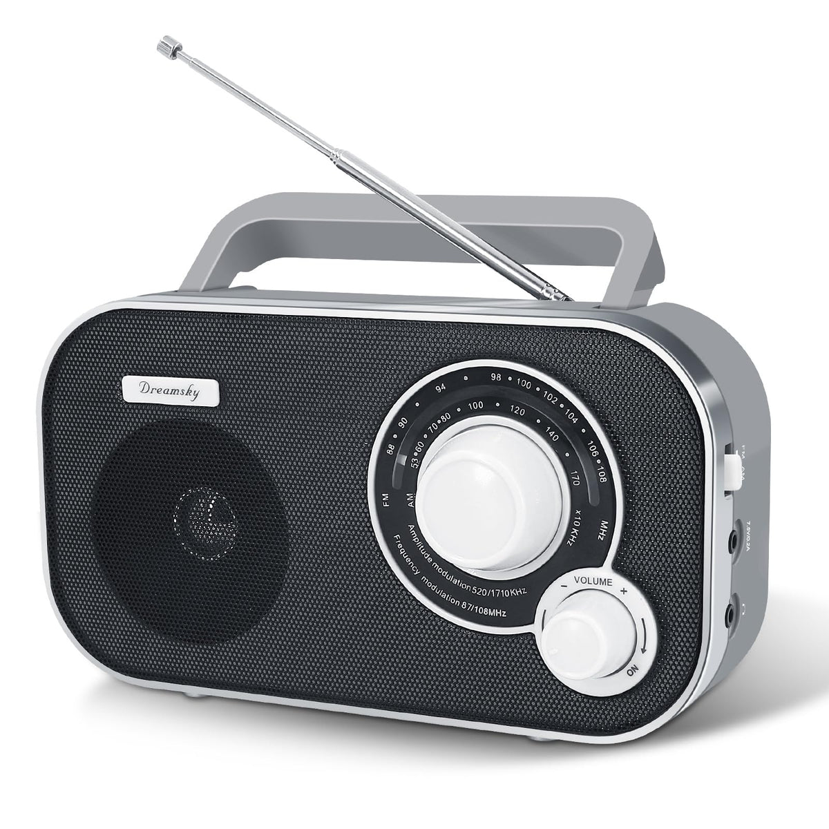 DreamSky AM/FM portable radio front view with large dial for easy tuning.