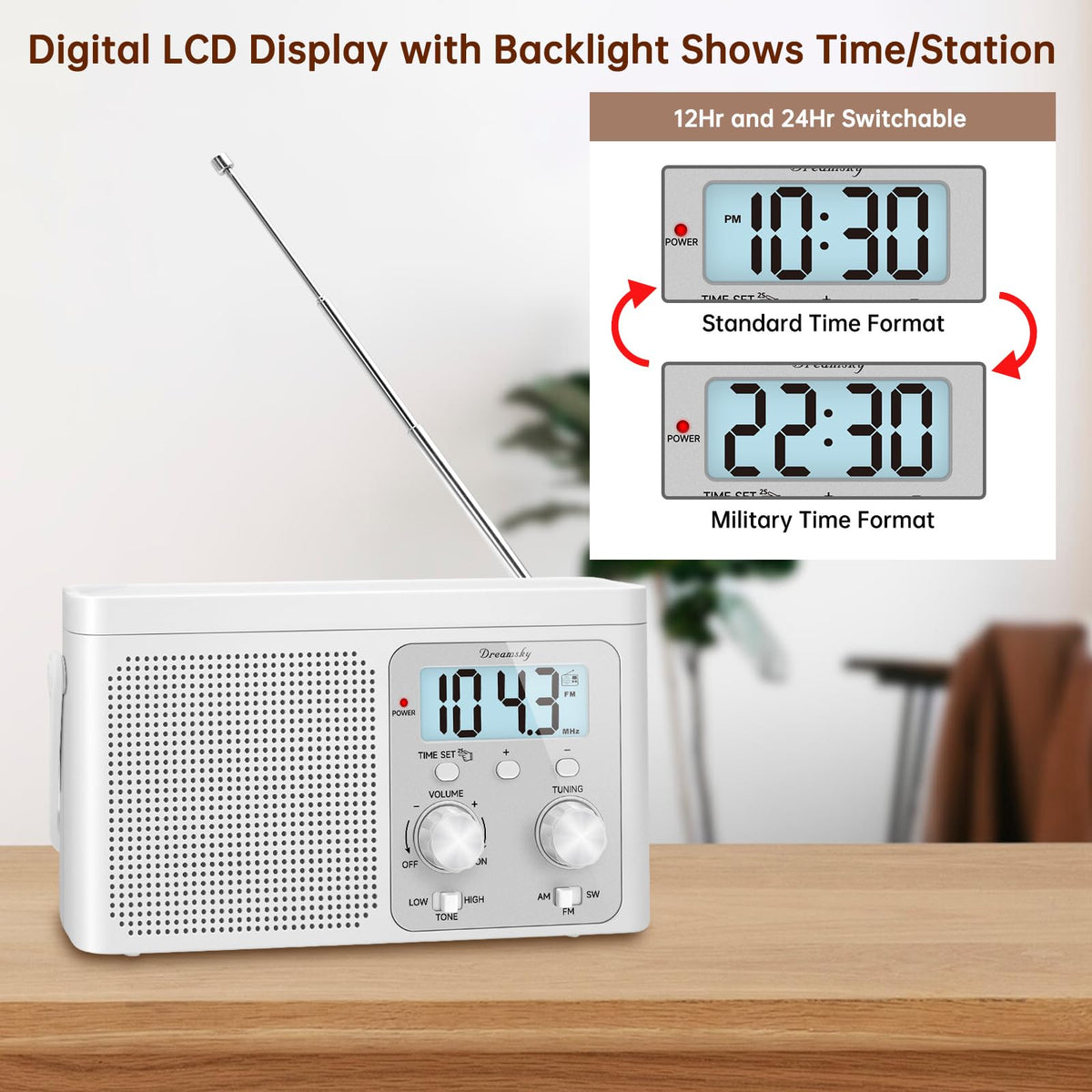 DreamSky backlit digital display showing time and tuned station clearly