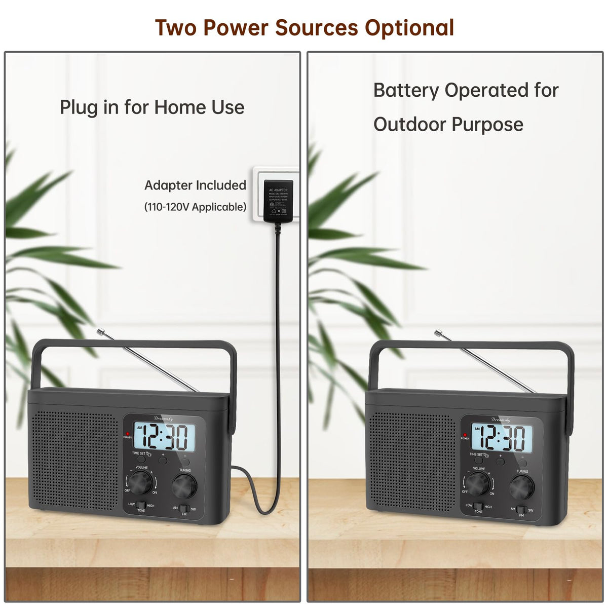 DreamSky battery compartment and AC adapter display dual-power convenience