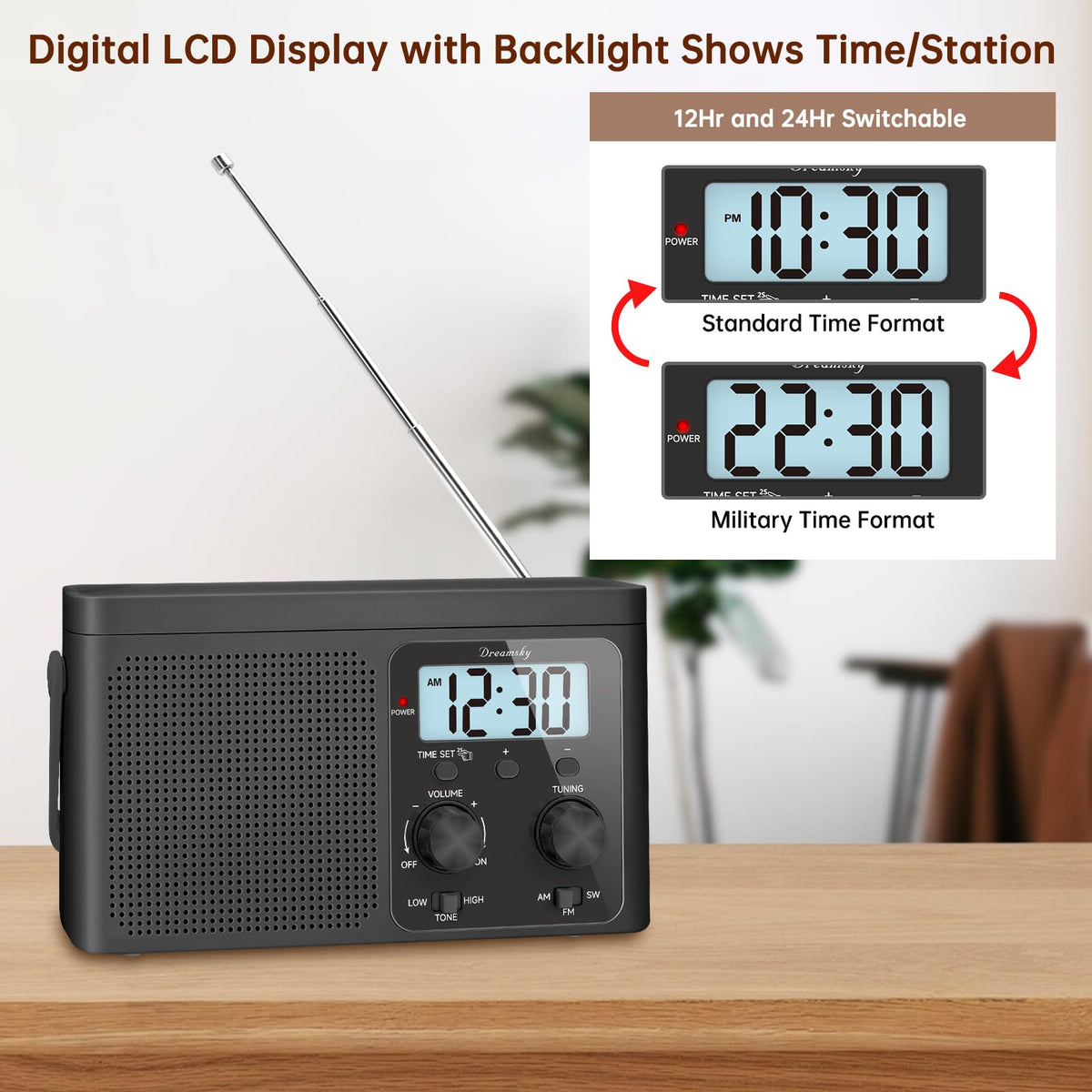DreamSky backlit digital display at night for readable time and station info