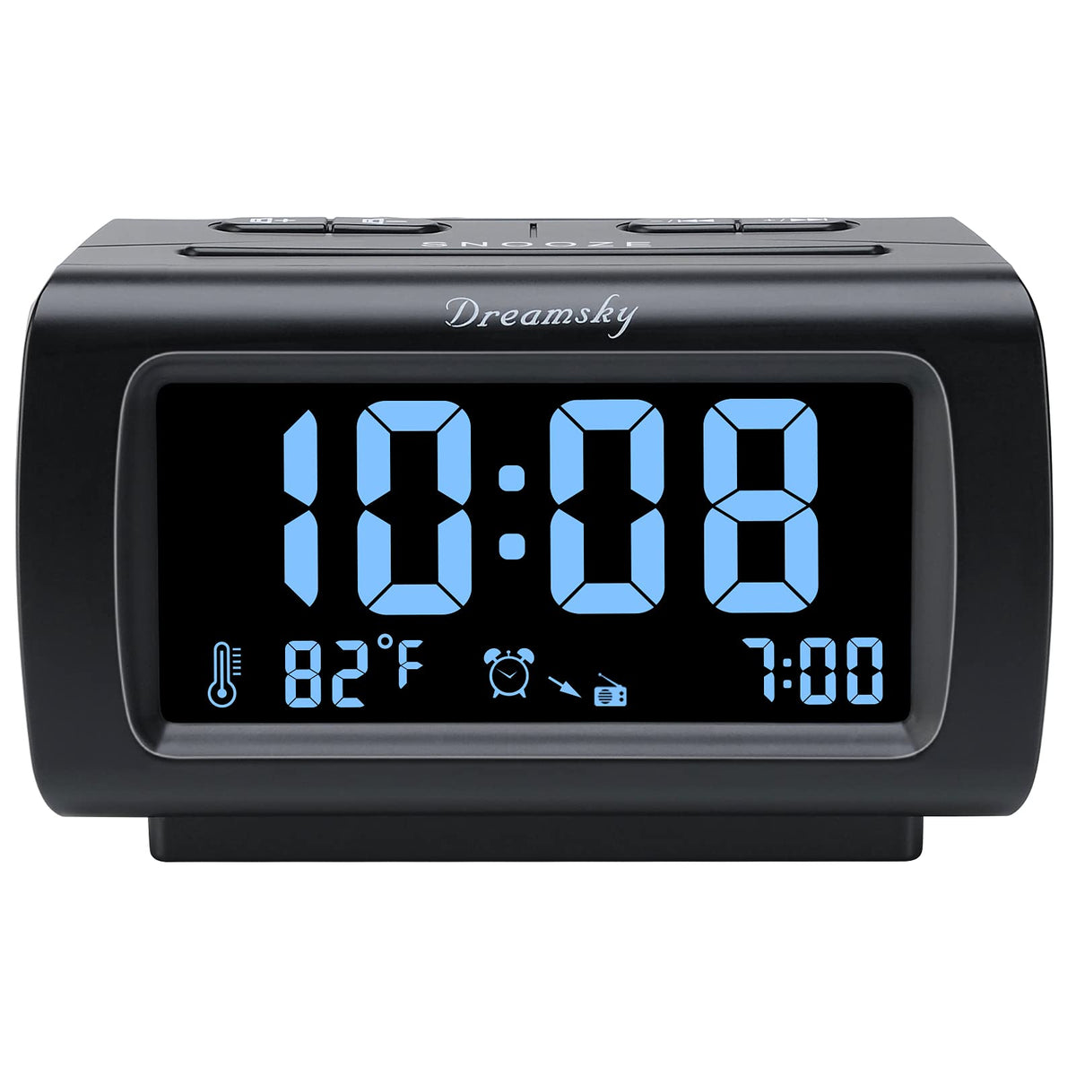 DreamSky front view showing large blue digits and clear bedside benefit