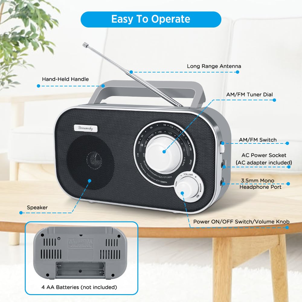 DreamSky portable radio transistor antenna extended for strong reception outdoors.