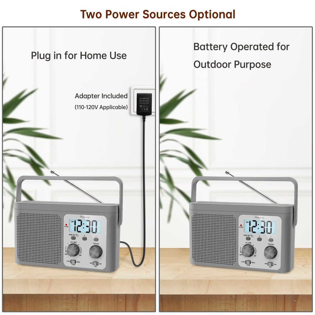 DreamSky side view with AC adapter connected for continuous home power convenience
