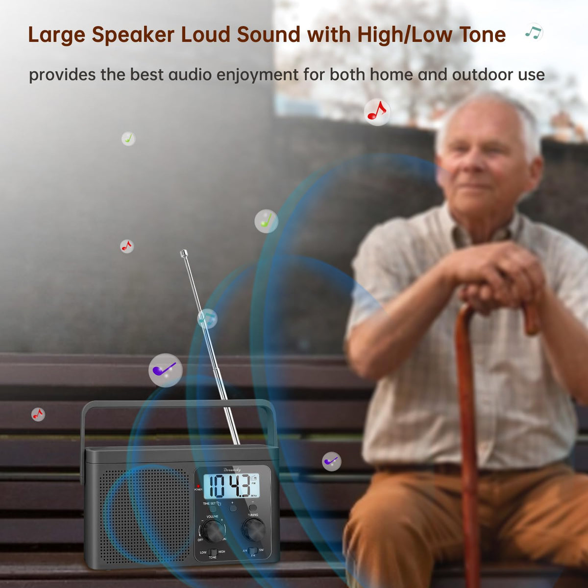 DreamSky telescoping antenna extended to boost FM and shortwave reception outdoors