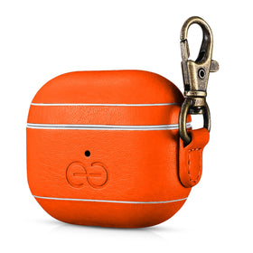 Dreem Om Case orange close-up showing vegan leather texture and protection for AirPods 3