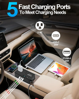 DrimMek 300W inverter featuring two AC outlets powers laptops and devices during travel