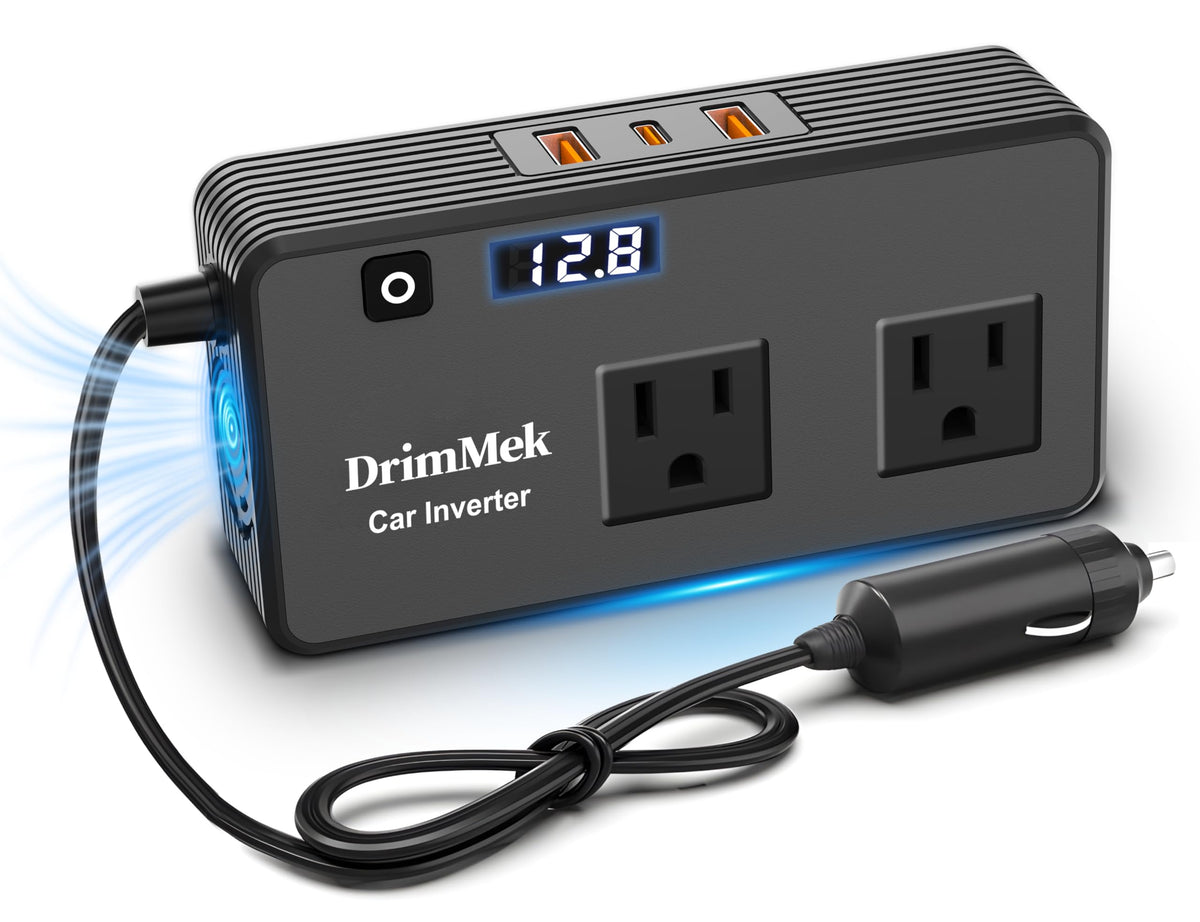 DrimMek 300W inverter with LCD display shows voltage for safe on-the-road charging