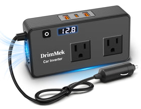 DrimMek 300W inverter with LCD display shows voltage for safe on-the-road charging