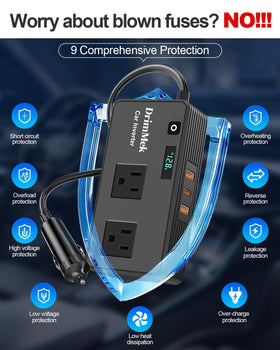 DrimMek 300W inverter safety protections prevent overload and overheating on the road