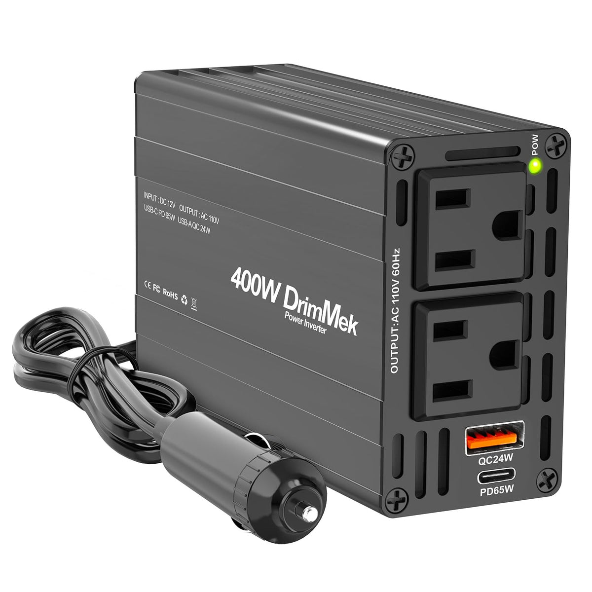 DrimMek inverter front overview showing ports and compact design for travel convenience