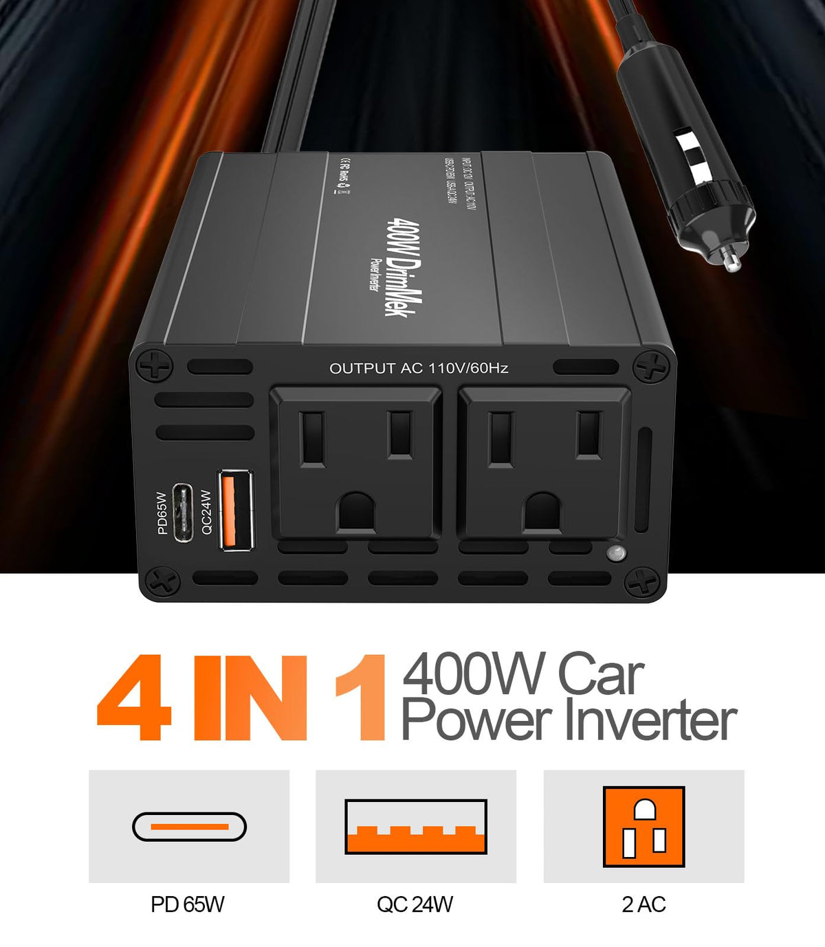 DrimMek closeup of USB‑C PD and QC24W ports highlighting fast charging capability