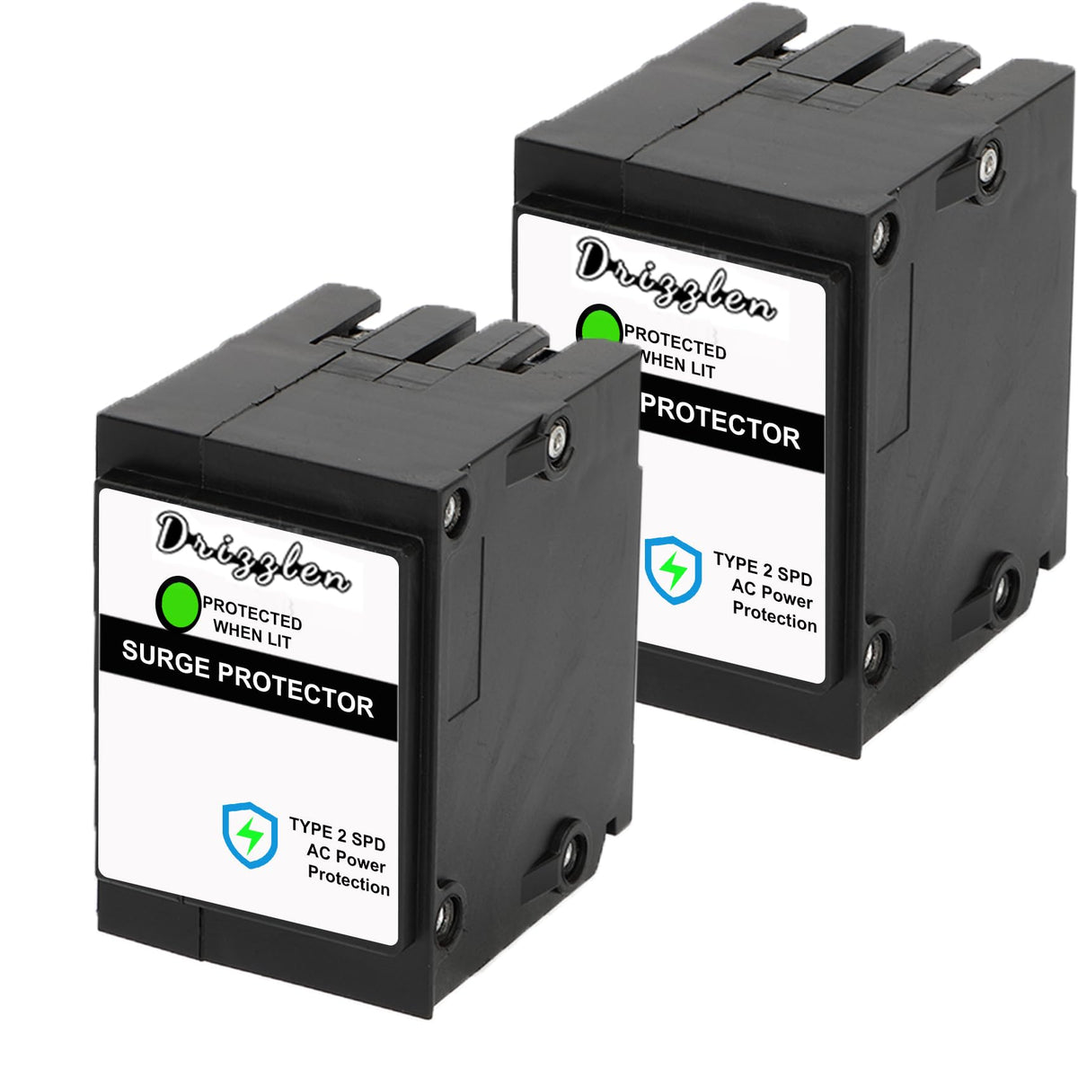 Drizzlen Type BR SPD front view showing compact two-pole surge protection for panels.