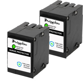 Drizzlen Type BR SPD front view showing compact two-pole surge protection for panels.