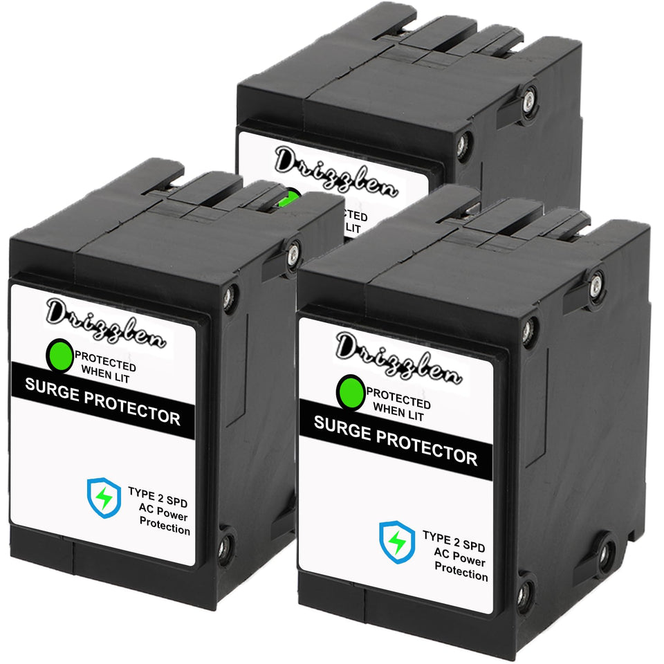 Drizzlen Type BR whole-panel breaker front view highlighting surge protection.