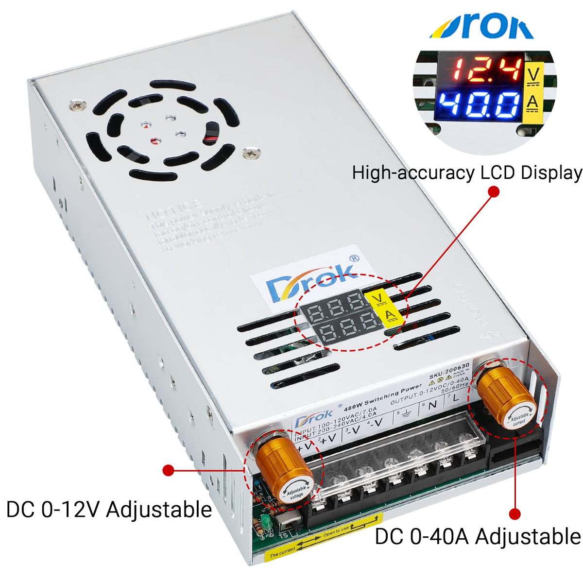 DROK 12V power supply cooling fan keeps temperature under control during high load